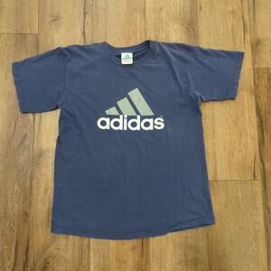 Y2K Adidas Stripe‎ Logo Men's Medium Shirt Graphic Navy Gray Spellout Distressed